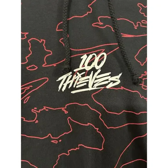 100 Thieves‎ Geography Hoodie Black Red Sweatshirt Gaming Streetwear Size XL EUC - Picture 3 of 8